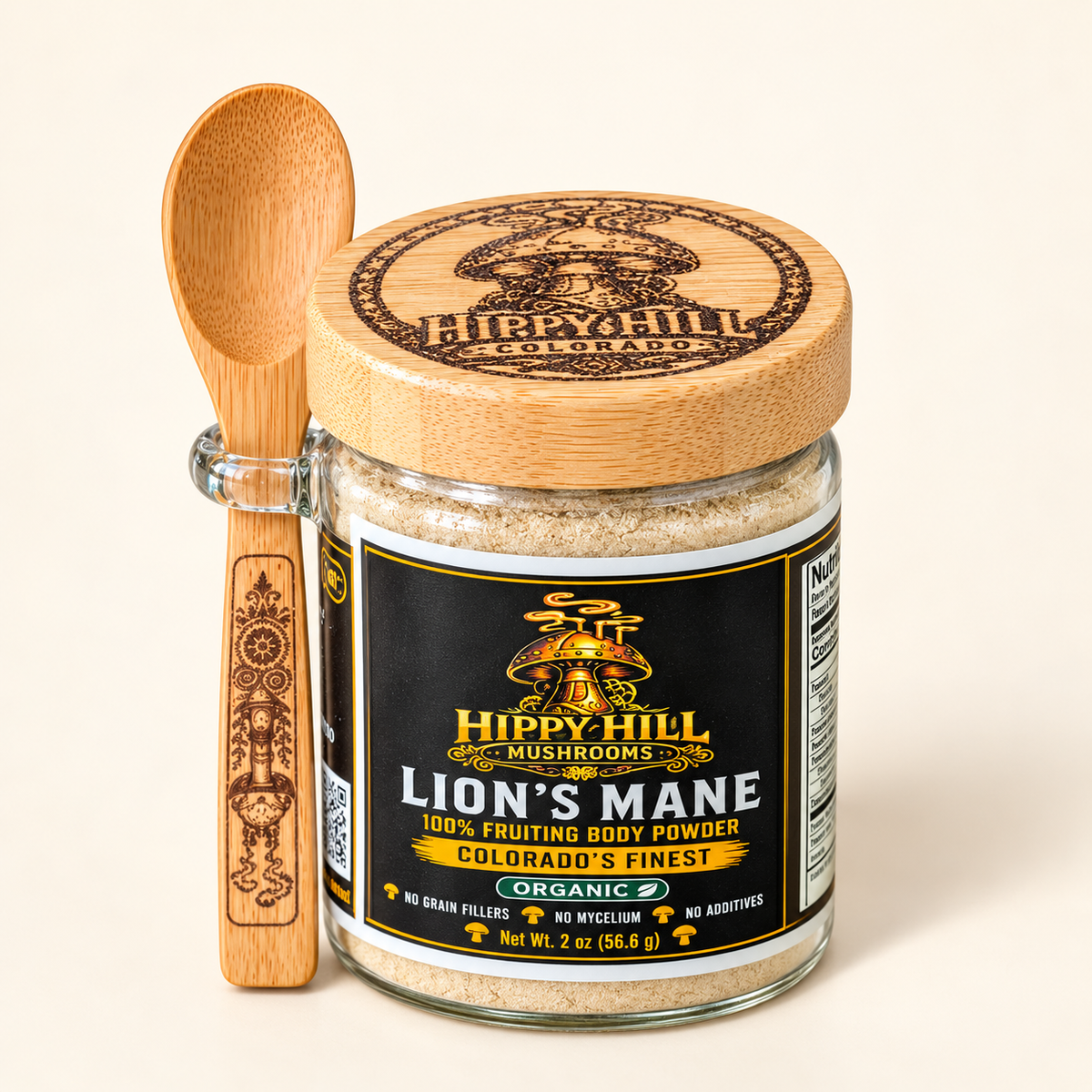 Lion’s Mane powder 2 oz jar with wooden spoon