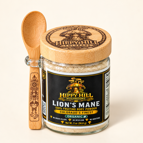 Lion’s Mane powder 2 oz jar with wooden spoon